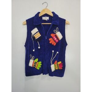 Lisa International Blue Chenille Mitten Applique Zip Up‎ Vest Womens L
